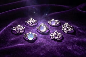 Wiccan rings collection with pentagram, moonstone, triquetra and Celtic knot designs on purple velvet