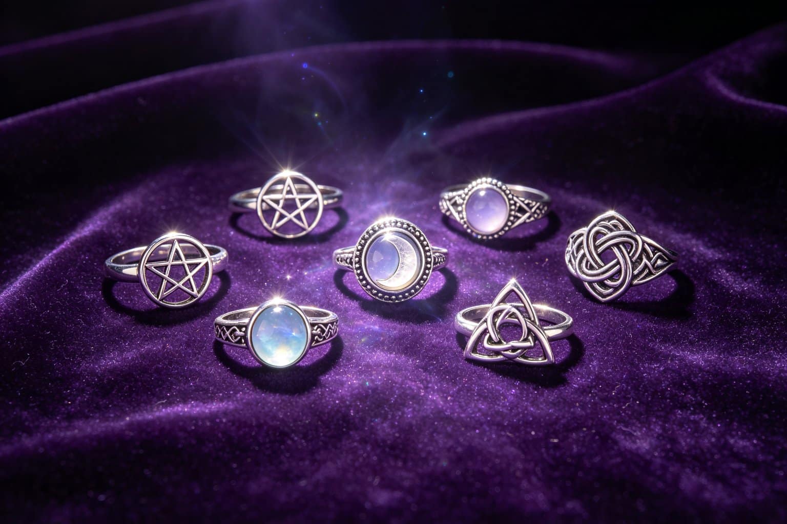 Wiccan rings collection with pentagram, moonstone, triquetra and Celtic knot designs on purple velvet