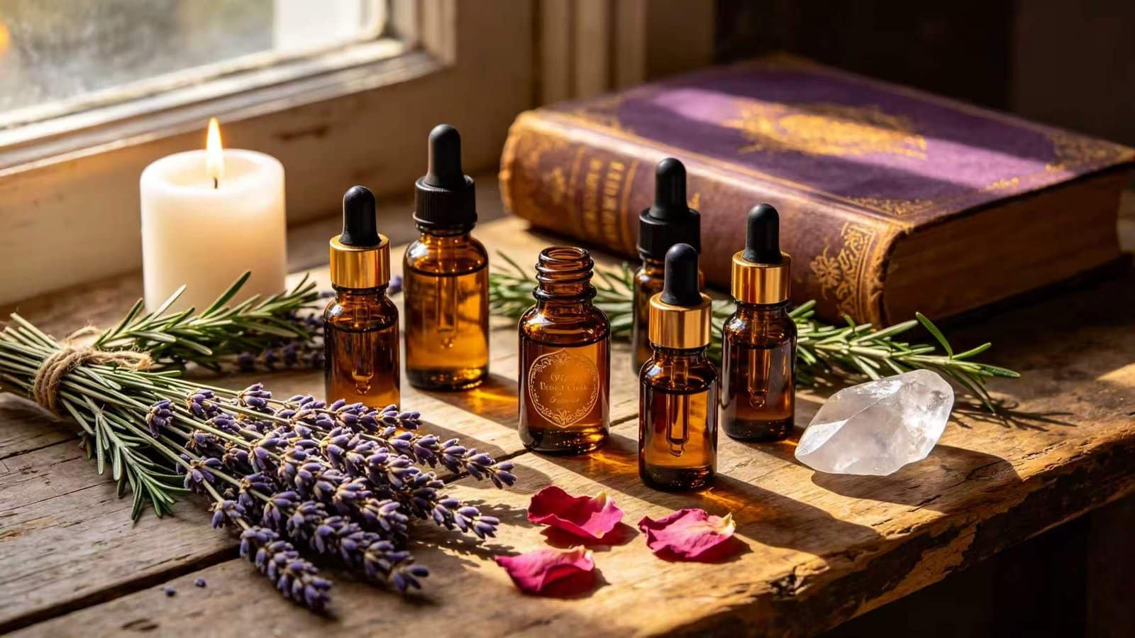 Magical essential oils flat-lay on a weathered wooden table with amber glass dropper bottles, dried lavender, rosemary, rose petals, clear quartz crystals, burning white candle, and a vintage book of shadows, warm golden and purple tones, bohemian witchcraft aesthetic.