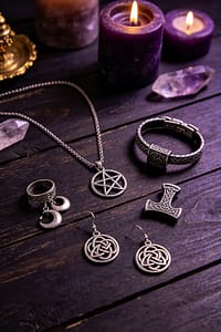 Pagan jewelry collection with pentagram necklace, viking mjolnir bracelet, gothic ring and wiccan earrings on dark wooden table