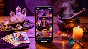 Colorful collage of funny witch memes displayed on a smartphone screen, surrounded by crystals, tarot cards, a steaming cauldron, and a burning candle on a wooden altar, warm purple and orange lighting, modern witchcraft social media aesthetic.