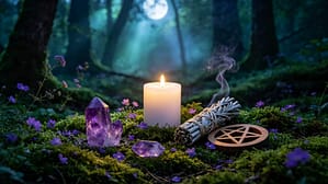 Mystical Wiccan altar in a moonlit forest clearing with glowing white candle, amethyst crystal, burning sage, wooden pentacle, wildflowers and moss, representing modern witchcraft, pagan spirituality, and Wiccan practice.
