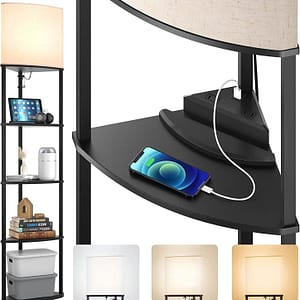 29d1e6e8a0e9311316f44fb45fc09bad 5-Tier Corner Shelf Floor Lamp with Type C, USB Port & 1 Power Outlet and 3CCT LED Bulb, Modern Display Lamp for Narrow Corner Bookshelf Lamp for Living Room, Bedroom, Office - Black