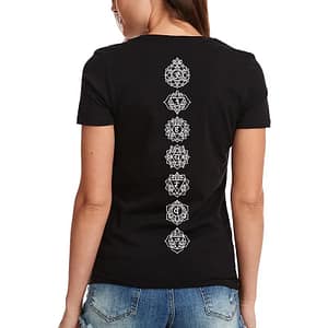 4f4e8eae1c05afed3d2ace81b8ea1a90 "Women's Relaxed Fit T-Shirt Infused with Crystal Chakras: Clear Quartz, Amethyst, Sodalite, Rose Quartz, Citrine, Carnelian, and Obsidian"