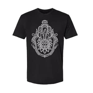 795b2d0928f3d51705b5a7c16efdbd5c "Unisex Crystal Hamsa T-Shirt - Enhanced with Obsidian, Tiger's Eye, and Amethyst"