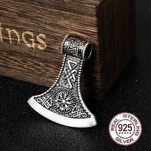 925-sterling-silver-Viking-Vegvisir-rune-and-Celtic-knot-ax-necklace-with-keel-necklace-and-leather Sterling Silver Viking Vegvisir Rune And Celtic Knot Ax Necklace With Keel Necklace And Leather Chain And Wood Box As