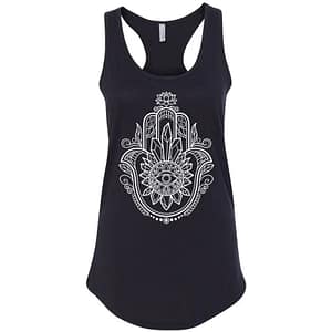 9bba5653ac69fbd6ea8c27bfb4e957dd Ladies' Racerback Tank Top with Hamsa Design - Enhanced with Obsidian, Tiger's Eye, and Amethyst Crystals