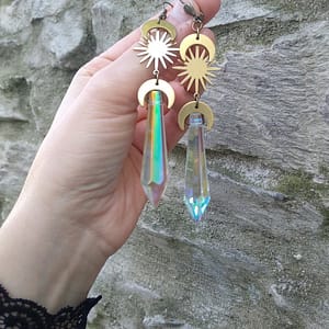 Celestial-Long-Earrings-Ab-Crystal-Earrings-Crescent-Moon-Earrings-Sun-and-Moon-Earrings-Raw-and-Antique Celestial Long Earrings, Ab Crystal Earrings, Crescent Moon Earrings, Sun and Moon Earrings Raw and Antique gold
