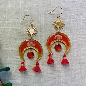 Dried-Flower-Handmade-Resin-Earrings-White-Daisy-in-Red-Crescent-with-Red-Tassels-and-Quartz Dried Flower Handmade Resin Earrings, White Daisy in Red Crescent with Red Tassels and Quartz