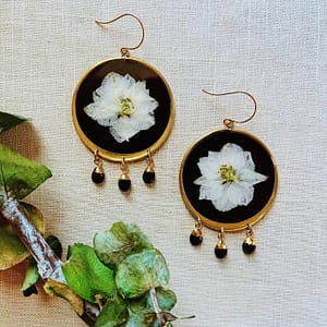 Dried-Flower-Handmade-Resin-Earrings-White-Larkspur-Big-Blossoms-with-Black-Tourmaline-gems Dried Flower Handmade Resin Earrings,White Larkspur Big Blossoms with Black Tourmaline gems