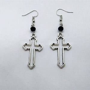 Gothic-Cross-with-Black-Glass-Earrings-Beads-Hollow-Cross-Dangle-Silver-Colour-Goth-Jewelry-Fashion-Novelty Gothic Cross with Black Glass Earrings Beads Hollow Cross Dangle Silver Colour Goth Jewelry Fashion Novelty Women Gift