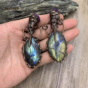 H40cc9b2122ee4a298e9d4ded555a7801g Labradorite Stone Vintage Pendants,Bronze Antique Amethysts Cap Bohemia Necklace