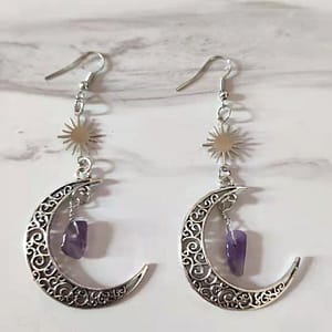 New-Crescent-Sun-Moon-Amethyst-Crystals-Stone-Earring-Wicca-Healing-Crystal-Magic-Protection-Celestial-Witchy-Jewelry Crescent Sun Moon Amethyst Crystals Stone Earring Wicca Healing Crystal Magic Protection Celestial Witchy Jewelry