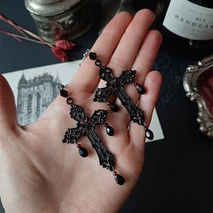 New-Goth-Black-Cross-Garnet-and-Crystal-Chandelier-Earrings-Large-Statement-Trad-Witchy-Halloween-Creativity-Jewelry New Goth Black Cross Garnet and Crystal Chandelier Earrings Large Statement Trad Witchy Halloween Creativity Jewelry