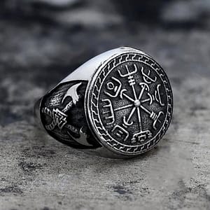 S75bcc888a89246dcba0533ca54cd52d2F Vintage Compass Nordic Viking Axe Ring Male Norse Mythology Jewelry