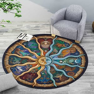 Signs-Of-The-Zodiac-The-Sun-Tarot-Card-Round-Rug-The-Moon-rug Signs Of The Zodiac, The Sun Tarot Card Round Rug, The Moon rug