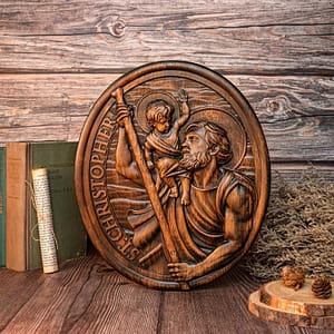 St-Christopher-Wood-Carving-Plaque-Traveler-s-Patron-Saint-Statue-Wood-Sculpture-Christian-Holy-Sign-Home St. Christopher Wood Carving Plaque Traveler's Patron Saint Statue Wood Sculpture Christian Holy Sign Home Wall Decor