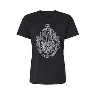 c52bab662ac90acb128b1a514a57f299 Ladies' Relaxed Fit T-Shirt Featuring Crystal Hamsa Design with Obsidian, Tiger's Eye, and Amethyst Infusion