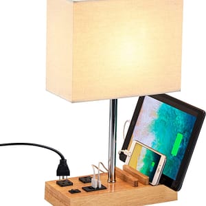 df3a48d00c1b6ea4c78ed91fc0bff4e5 Desk Lamp with 3 USB Charging Ports, Table Lamp with 2AC Outlets and 3 Phone Stands, Nightstand Bedside Lamp with Natural Wooden Base and Cream Linen Shade