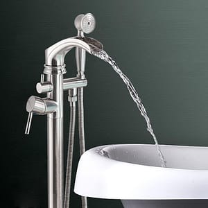 f2ddfe82eea0a254dc94e928c052b493 Freestanding Tub Filler Floor Mount Waterfall Bathtub Faucet Stinless Steel Tub Shower Faucet Set with Handheld Sprayer