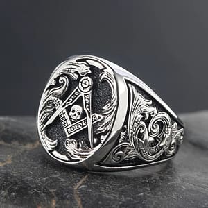 f8f01f443b14bdc26b26dd0c615c0a83 Freemason Skull And Bones Signet Masonic Hand Engraving Sterling Silver Ring