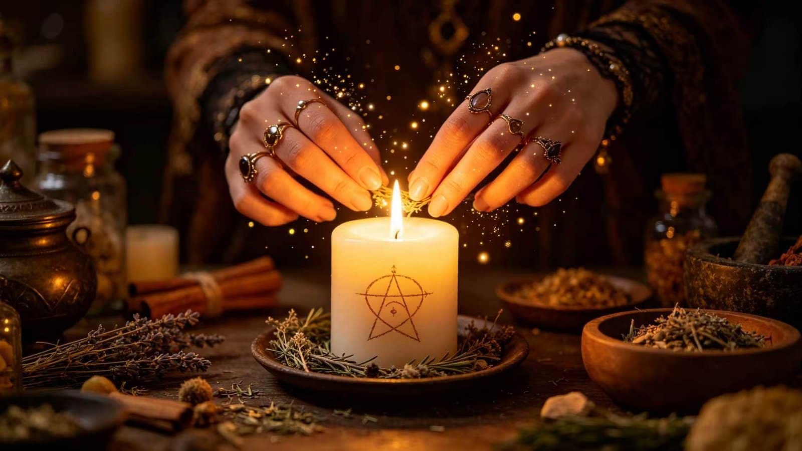 Witchcraft 101: Candle Magic and Spellcraft Witchcraft 101: Candle magic ritual with hands carving intention into wax