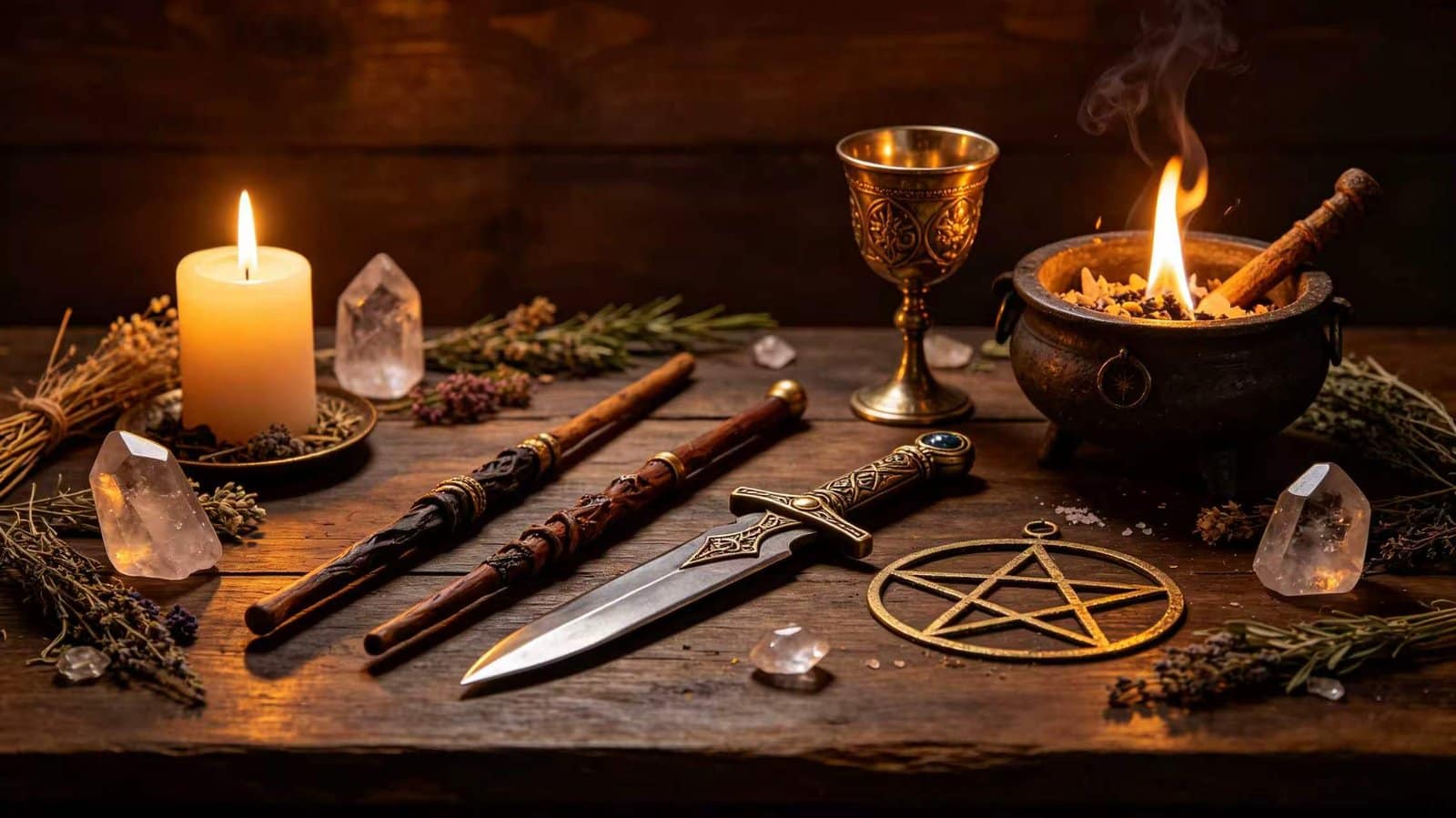 Witchcraft 101: Wiccan Ritual Tools Witchcraft 101: Wiccan altar with athame, wand, chalice, pentacle, and cauldron