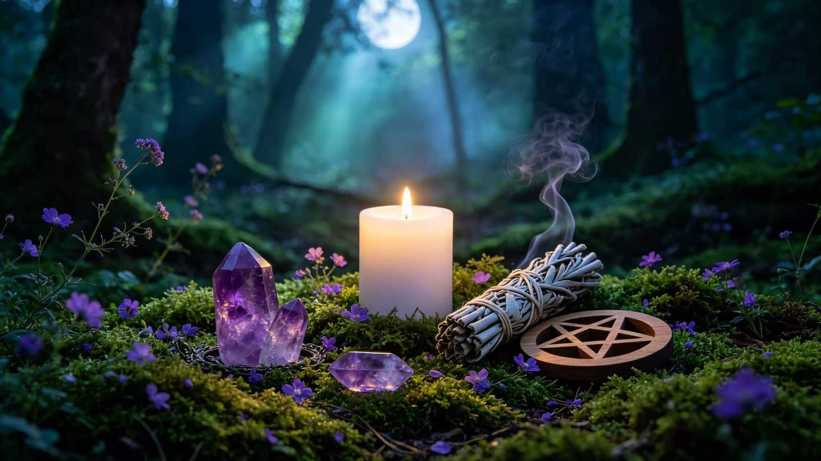 Witchcraft 101: Wiccan Altar in Moonlit Forest Clearing Witchcraft 101: Wiccan altar in moonlit forest clearing with candle, amethyst, sage, and pentacle